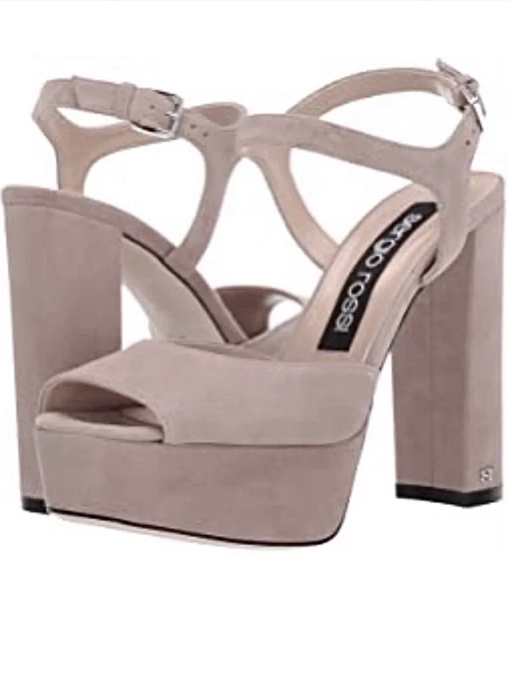 Sergio Rossi Monica 090 Luxury Taupe Beige Suede Ankle Strap Block Heel Sandals